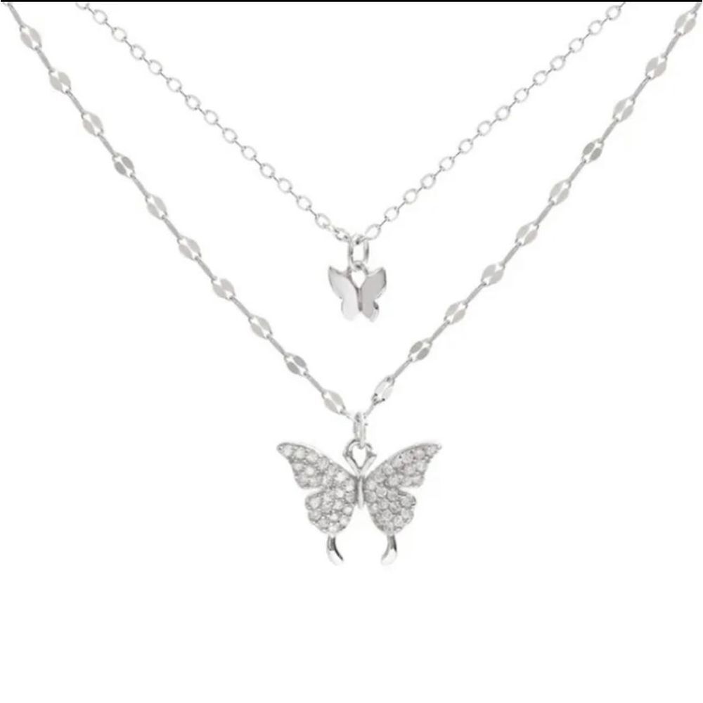 Simple double layer Diamond butterfly pendant necklace